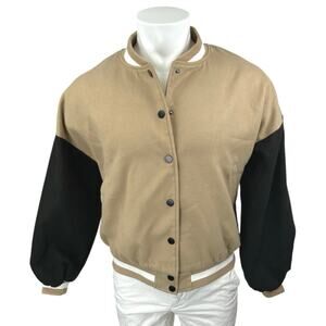 Boohoo Men's Tan Black Colorblock Long Sleeve Snap Varsity Bomber Jacket Size 4
